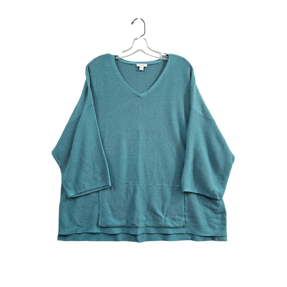 Pure Jill V-Neck Sweater Women L Teal Cotton Silk Wool Boxy Pocket Pullover